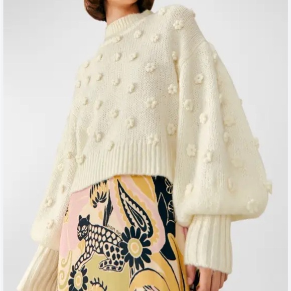 Farm Rio Floral Applique Lantern Sleeve Sweater Cream Mock Neck Trendy Sz S - Picture 1 of 16